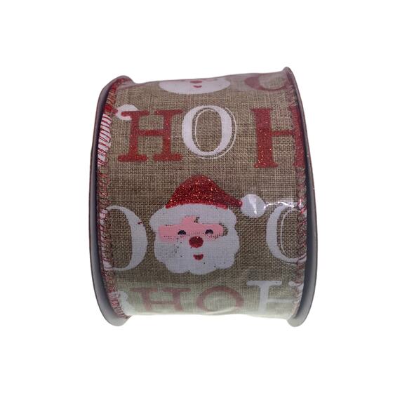9 Feet 2.5” Beige Canvas Ho Ho Ho Santa Clause Wired Country Christmas Ribbon - Picture 1 of 1